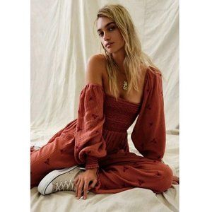 Free People Rust Red Off-Shoulder Smocked Jumpsuit